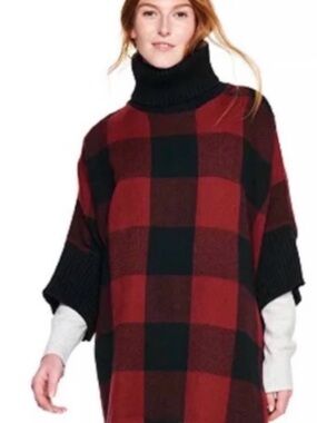 Sonoma Plaid Turtleneck Poncho Sweater-One Size fits most